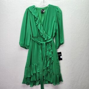 Maison Tara Wrap Dress Womens 4 Kelly Green Ruffle Detail Long Sleeve Midi Dress